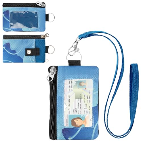 Image of Minimalist RFID Wallet with Lanyard, Multi-functional ID Case with 2 Zipper Pockets and Key Chain for Men and Women, Tactical Badge Pouch Cards Holder, Coin Purse for Travel Sports - Two-Tone
