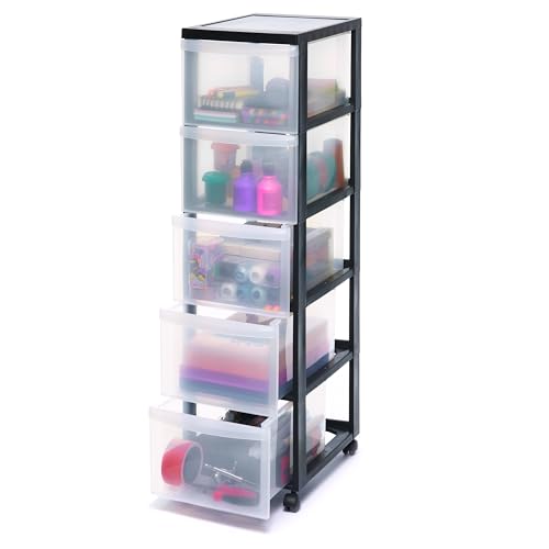 Iris Ohyama Kunststoff-Schubladenbox mit Rollen, 5 tiefen Schubladen, Schwarz, Griffe zum Ziehen, Für Schlafzimmer, Bad, Schule & Büro, BPA-frei, Schubladenschrank, Rollcontainer, A4 Drawer, DC-305