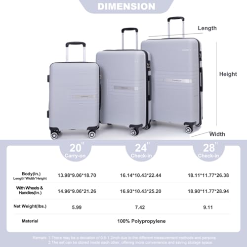 3 Pieces of Luggage, Suitcase, Luggage Set, Trolley, Travel Case, with Spinner Wheels, Combination Lock, 20/24/28 Inches,Silver4