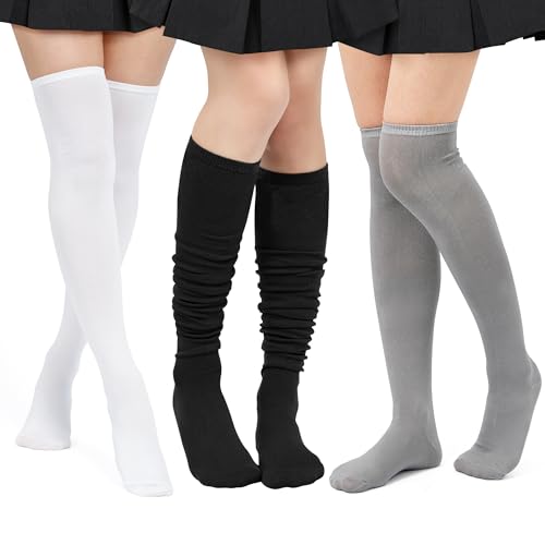 Image of Zando 3 Pairs Thigh High Socks for Women White & Black & Grey