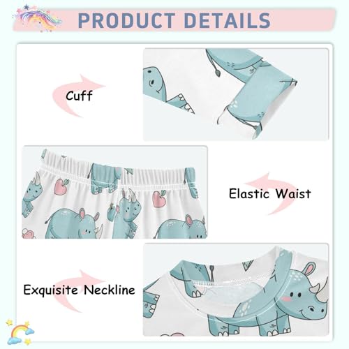 Pajama Sets Long Sleeve Cute Blue Rhino Pattern Soft Comfy Sleepwear 2 Piece PJS 3-8T4