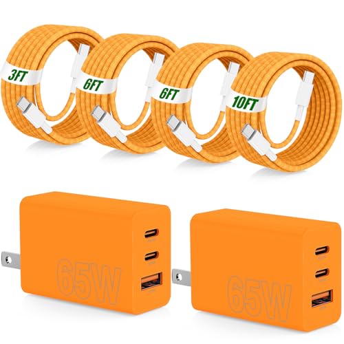 Image of 65W Fast Charging for iPhone Duo 18 17 16 Pro Max,3 Port 100W USB C Charger Block & 3 /6 /6 /10FT Braided Type C Cord for iPhone 17 16 15 Pro,for Samsung S26 Ultra /MacBook Air /iPhone 18 Pro Max-Orange