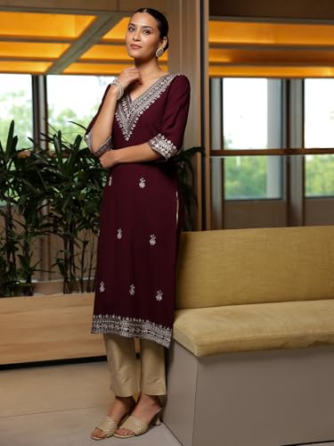 Image of Libas Womens Embroidered Viscose Straight Kurta for Women | Ethnic wear | Bridal Suit | Wedding Dress | Occasion wear