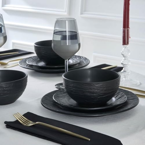 Karaca Solem Embossed, 18-teiliges Tafelservice aus Steingut, Schwarz, Elegantes Geschirrset mit Tellern & Schalen, Ideal für 6 Personen