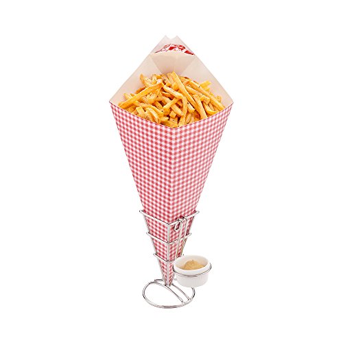 Conetek 10-Inch Eco-Friendly Finger Food Cones with Built-in Condiment Dipping Pocket: Perfect for Appetizers ââ‚¬â€œ Food-Safe Paper Cone with Picnic Print Styling ââ‚¬â€œ Disposable and Recyclabl