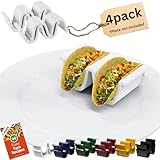 HolaTasty Taco Holders Set of 4 Ceramic, Dual Taco Stand for Dinner Plate - Compact Taco Rack 2-Slot for Hard Shell Tacos, Tuesday Taco Server Mini Taco Holder, Taco Heater for Microwave Oven, White