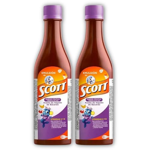 DECA EXPERTS Emulsion de Scott Aceite de hígado de bacalao sabor Frutas Tropicales Pack de 2 de 6.1 fl oz - 180 ml - con vitamina A y Calcio, suplemento dietético para niños, despensa Colombiana