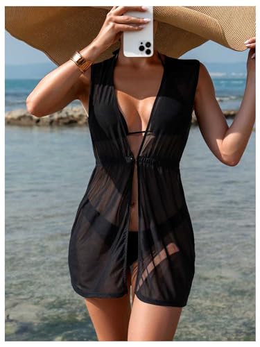 SweatyRocks Women's See Through Swimsuit Cover Up Sleeveless V Neck Sheer Bikini Beach Dress3