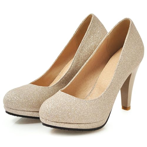 Asterisco Women Cone Heel Pumps with Platform Glitter High Heel Shoes Round Toe Slip On Elegant Glitter Shoes, Size 1-122