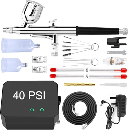 Powate Airbrush Kit with Compressor - 40PSI Dual Action Multi-Function Air Brush 3 Modes with 0.2/0.3/0.5 mm Nozzle Portable with 18 Pcs Accessories Crafts Nail Art Tattoos Cake Decorating Black