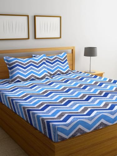 Image of 100% Cotton Elastic Fitted Bedsheets with 2 King Size Pillow Covers Double Bed with All Around Elastic Supersoft Size - 72 King Sizex78+10 inches Sky Blue & Grey 200 tc - 220 tc