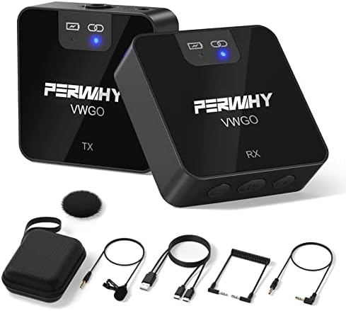 PERWHY Wireless Lavalier Microphone System, 2.4GHz Wireless Microphone System with Transmitter & Receiver for DSLR Cameras, Camcorders and Phones, 230ft Range, Lapel Mic for Recording, Teaching.