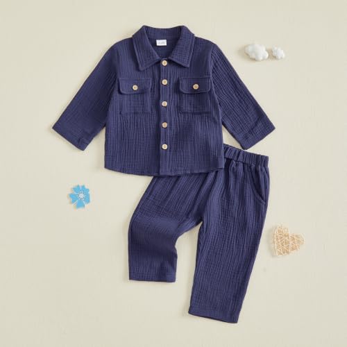 Image of VISGOGO Toddler Boy Linen Outfit Baby Boy Fall Winter Clothes Set Button-Down Shirt Tops Cotton Linen Pants 2PCS
