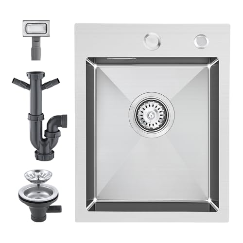 KEOKBON 304 Stainless Steel Kitchen Sink 35 x 45 x 19cm (30 x 35 x 18cm), Small Kitchen Sink, with Tap Hole and Overflow (Without Drain Pipe), 1 Bowl, Topmount, Brushed