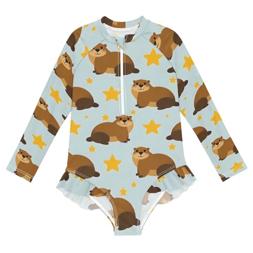 ALAZA Swimsuit for Girls Long Sleeve Rashguard Bathing Suit Groundhog Stars Quick Dry 4T
