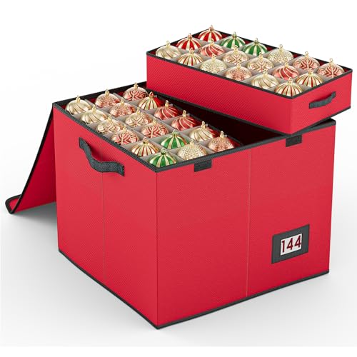 Mutool Christmas Bauble Storage Box With Dividers 144 Compartment Xmas Ornament Storage Container with 8 Tray Large Christmas Storage with Flip-Top Lid Perfect for Holiday Decorations (Red)