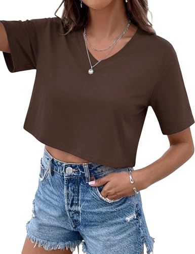 Jahetuul Tee Shirt Femme Col V Manches Mi-Longues Coupe Ample Top Femme Ete Haut Court Uni Décontracté