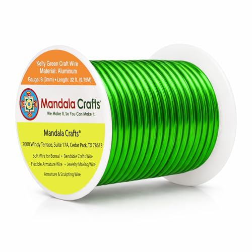 Image of Mandala Crafts 8 Gauge Anodized Aluminum Craft Wire for Jewelry Making - 32 FT Colored Flexible Kelly Green Wire - Bendable for Bonsai Armature Crafting Sculpting