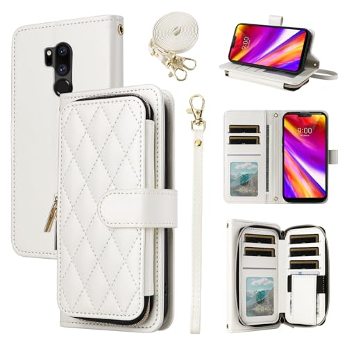 Furiet Argyle Wallet Case for LG G7 ThinQ with Wrist Strap Shoulder Strap 9+ Card Slot Zipper Purse Stand Phone Cover for LGG7 One G 7 Plus LG7 Fit LG7ThinQ 7G Thin Q G7+ G7thinq LGG7thinq White