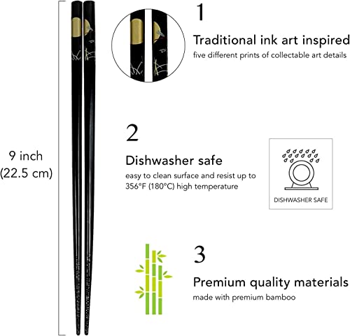 JapanBargain, 10 Pack of 5-Pair Black Bamboo Chopsticks Set with Traditional Japanese Crane Moon Sakura Design, Reusable Wooden Chop Sticks, Dishwasher Safe, 9 Inch, Japanese Chinese Korean Style