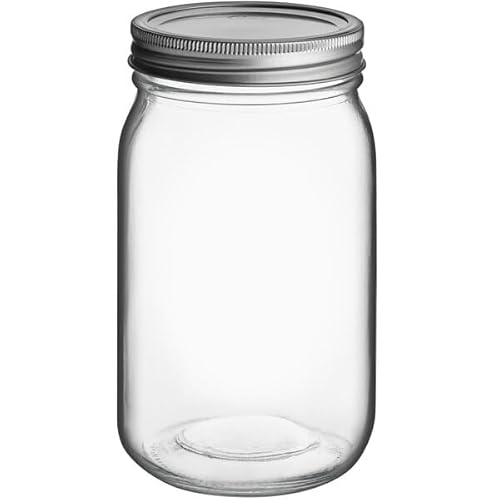 Glownary Glass Mason Jar Set, 32 oz Quart Wide Mouth with Silver Metal Lid and Band, Clear Round Smooth Style, 12 Count Case