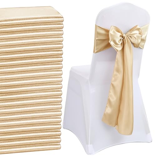 QeeFop Lot De 50 Écharpes de Chaise En Satin Vert Sauge Chaise-Décorative Arc Conçu Pour Chaise De Mariage, Anniversaire, Banquet, Fête (Beige)