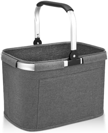 30L Einkaufskorb Faltbar Stabil Groß Tragekorb Picknickkorb Klappkorb Einkaufstasche mit Aluminiumgriff Große Einkaufskörbe(40x28x27cm) mit Stützstangen Für Reisen, Picknick, Einka