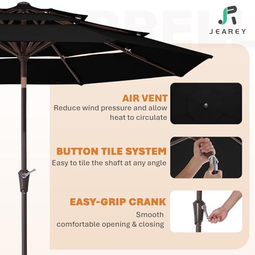 Image of JEAREY 9FT 3 Tier Patio Umbrella Outdoor Market Umbrella Table Umbrellas with 8 Ribs 1.5 Pole Push Button Tilt and Crank UV Protection for Garden,Black