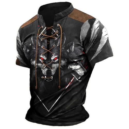 MARSVOVO Tactical Polo Shirts for Men Lace Up Patchwork Neck Totem Camo Vintage Short Sleeve Workout Henley Shirt