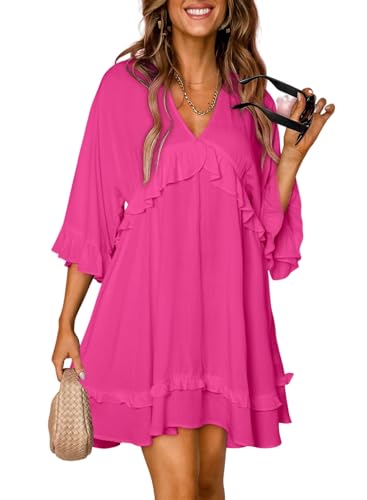 Dokotoo Womens Dress Summer Ruffle Short Sleeve Sundress V Neck Fall Dresses Tunic Dress Casual Party Loose Flowy Swing Shift Dress Holiday Outfits Mini Hot Pink Dress for Wedding or Graduation Small