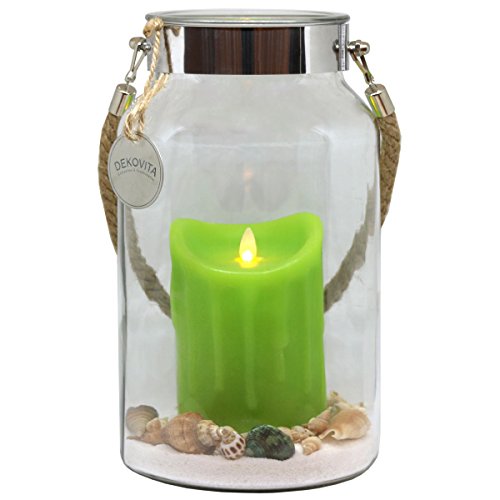 DEKOVITA Idea para Regalo 30cm Decoglass LED Vela de Cera Verde Real con Llama en Movimiento y Deco-Sand Pascua Cumpleaños Día de la Madre
