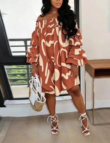 Image of WOKANSE Party Dresses for Women Off Shoulder Layered Flare Sleeve A line Ruched Plus Size Midi Summer Dress