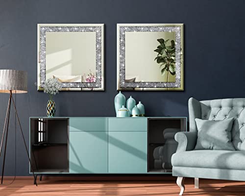 Qmdecor Crystal Crush Diamond Sparkly Square Silver Mirror For Wall Decoration 20X20X1 Inch Wall Hang Frameless Bling Stylish Gorgeous Glam Mirror Vanity Home Decor. #TOP4