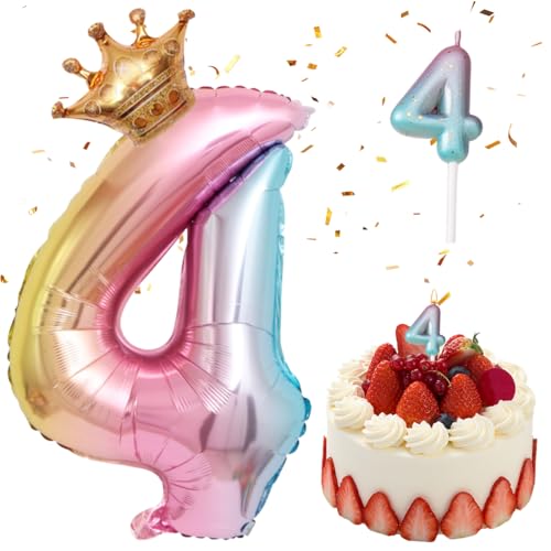 GGUFAY Numero Globos 4 Y Velas 4 Set, Decoracion CumpleañOs, Arco Iris Gradiente 4 Globos De Foil 42 Pulgadas Numero Globos Decoracion, Globos De CumpleañOs Con Corona Fiesta De CumpleañOs