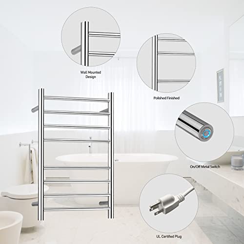 Sharndy Towel Warmer Polished Chrome For Bathroom Wall Mounted Drying Rack Plug-In Electric Heated Towel Rack Stainless Steel Round 8 Bars Bath Towel Heater Etw44-2 70W 27.56X19.69X4.41 Inches #TOP7
