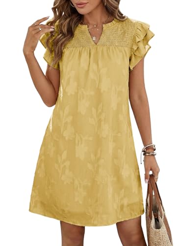 Dokotoo Wedding Guest Dresses for Women Ruffle Short Sleeve V Neck Smocked Floral Burnout Mini Dress Spring Summer Casual Boho Beach Vacation Clothes A Line Swing Sun Dress Plus Size Yellow Large