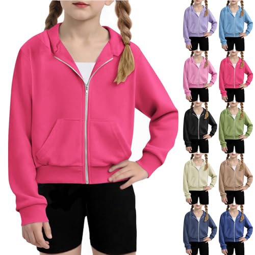 Girls Crop Hoodies Long Sleeve Loose Zip Up Jacket Kids Comfy Fall Solid Outerwear Coats with Pockets for 4-12 Years2