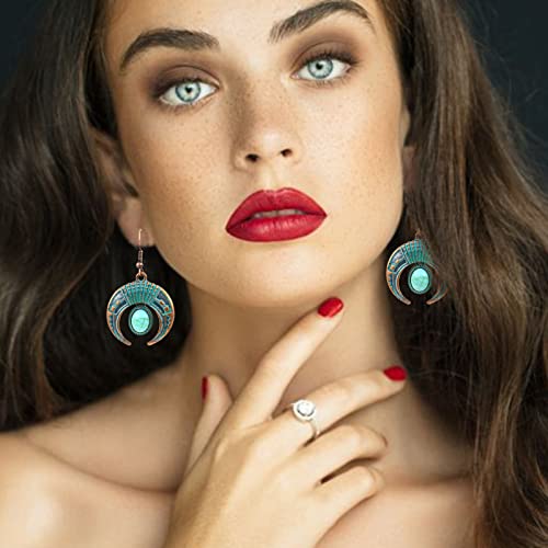 Silver Hoop Clip On Earrings Bohemian Vintage Tassel Drop Dangle Earrings For Women Girls Simulated Turquoise Earrings Fashion Geometry Dangling Jewelry Earrings Creepy Earrings (B, One Size) #TOP3