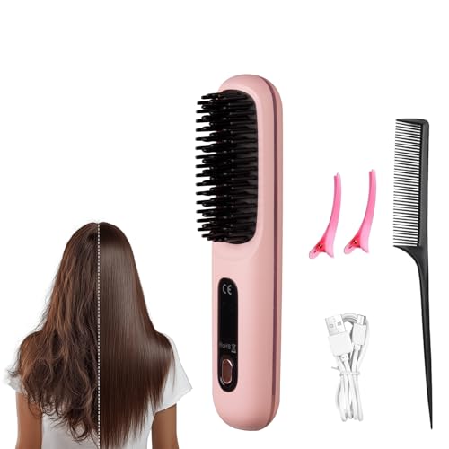 Cordless Hair Straighteners, Portable Hair Straightener Brush, USB Rechargeable Travel Straighteners, Wireless Straightening Brush for Effortless Styling at Home and On The Go (Pink)