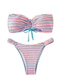 SHENHE Women's 2 Piece Striped Drawstring Bandeau Bikini Set Ring High Cut Swimsuit Striped Multicolor L