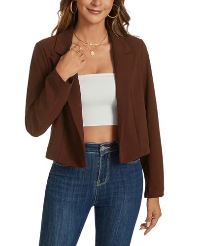MINTLIMIT Women's Cropped Blazer Long Sleeve Notched Lapel Short Blazers Casual Open Front Crop Blazer Jacket, Brown