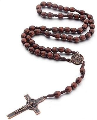 Catholic Cross Rosary Necklace, Natural Wood Prayer Beads with Medal Cross Jesus Christ Saint Benedict, for Catholic Christians Religious Communion, Baptism, Mass, Bible