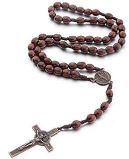 Catholic Cross Rosary Necklace, Natural Wood Prayer Beads with Medal Cross Jesus Christ Saint Benedict, for Catholic Christians Religious Communion, Baptism, Mass, Bible