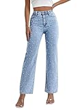 EZAPINE Womens High Waisted Jeans Pearl Beaded Straight Leg Pants Flare Stretch Boyfriend Casual Bootcut Denim Pants Blue