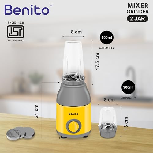 Image of Benito PRESSIO Nutri Mixer Grinder 550 watt with 2 Jars | Durable Shockproof ABS Body | Powerful Motor with Advanced Grinding Technology | Elegant Yellow & Grey Finish come with 1-Year Warranty