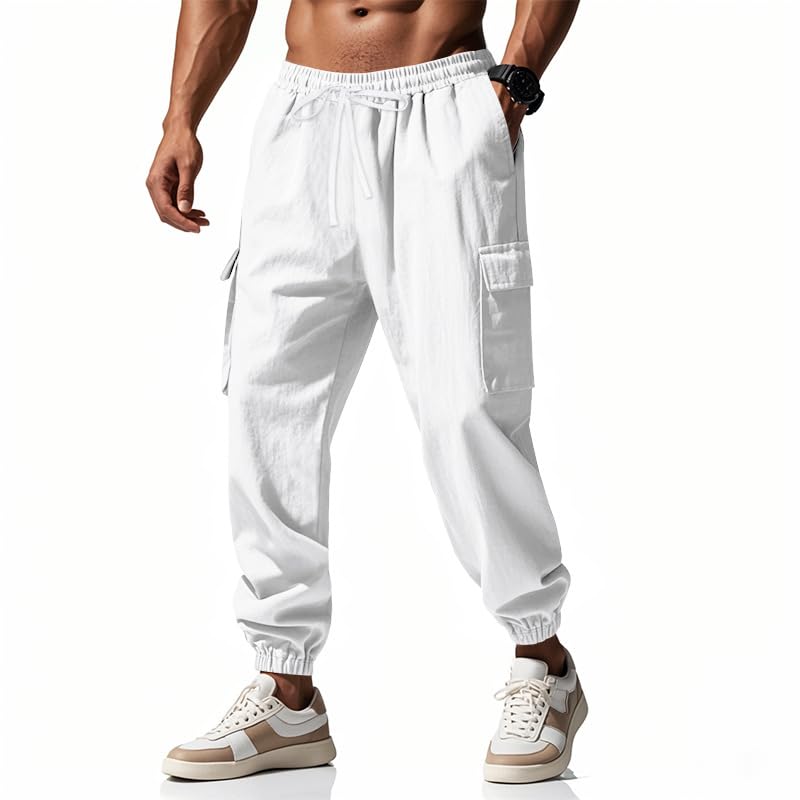 Mens Cargo Jogger Pants Relaxed Fit Elastic Waist Drawstring Linen Blend Multi Pocket Tapered Leg