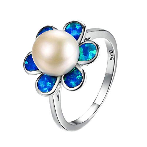 Purmy Opal Weißgold Ring Blauer Opal Blume Form Pearl Opal Schmuck für Frauen 62 (19.7)