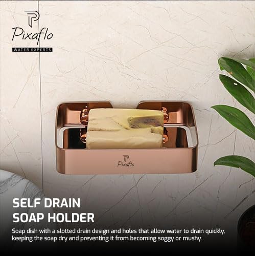 Image of Pixaflo Stainless Steel 304 Grade Bathroom Soap Holder /Soap Stand /Soap Dish | Wall-Mounted | Durable | Anti-Rust | Sleek Black Finish | Bathroom Accessories | Rose Gold