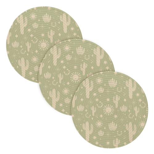 3 Pcs Trivet Hot Pad for Hot Dishes 15in Cotton Thread Weave Pots Pans Set Holder for Microwave Stove Kitchen Countertop Protector Western Cactus Mexican