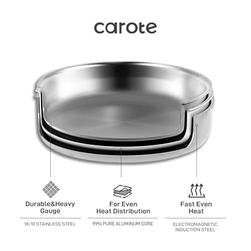 CAROTE 12pcs Pots and Pans Set, Glossy Stainless Steel Cookware Set, Induction Kitchen Cookware Sets with Removable Handle, RV Cookware Set, Oven Safe, Camping Cookware, Black